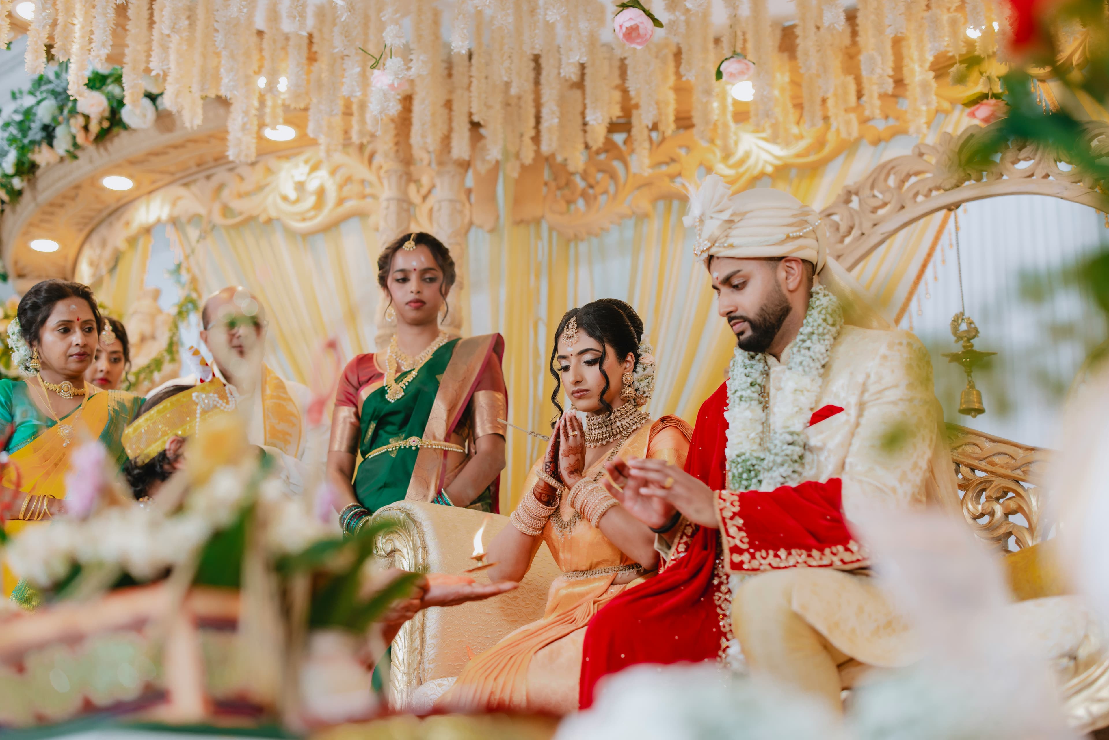 South Indian wedding ring ceremony with jasmine and floral mandap by Thoranam Decor